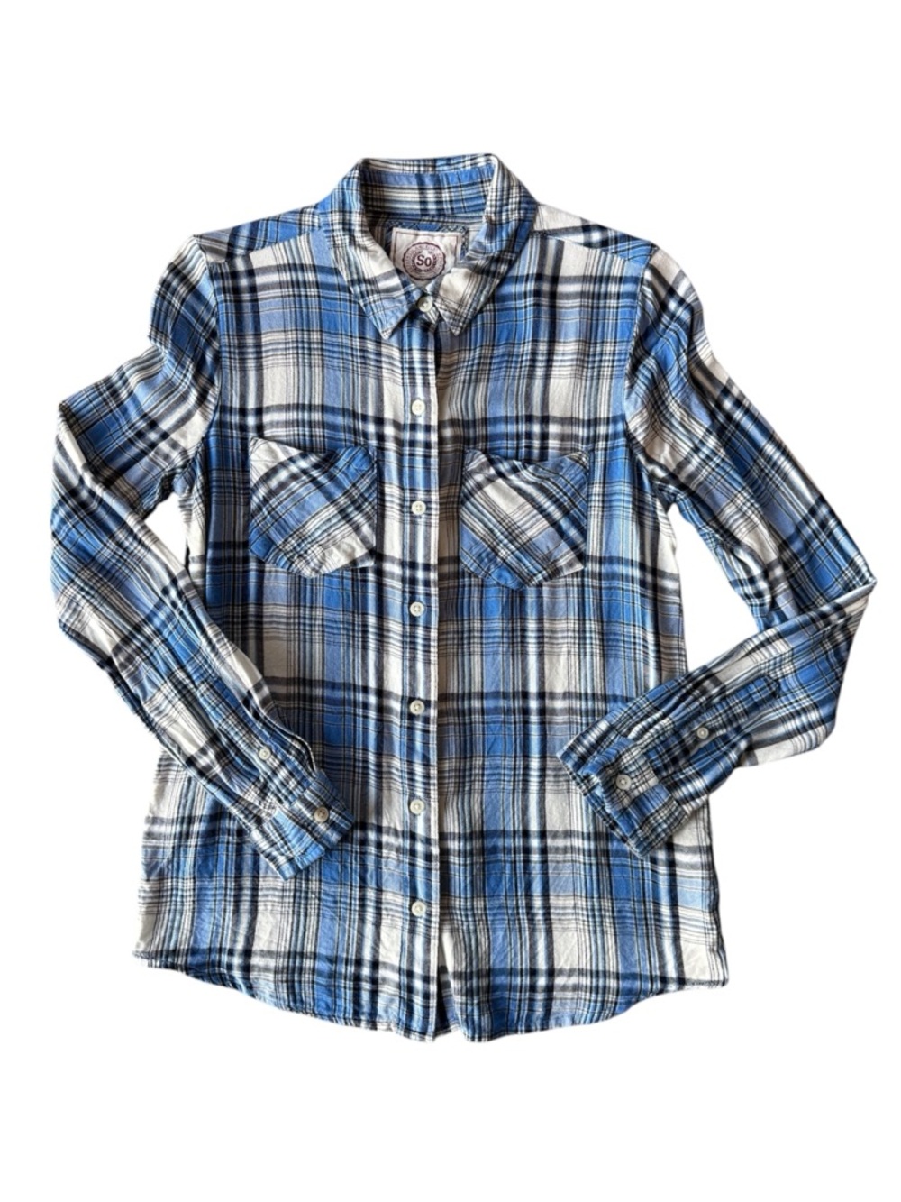 SO Blue Black White Plaid Collared Button Down Long Sleeve Top Small